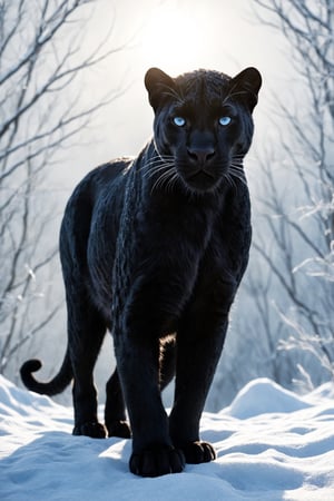 photo of a realistic black panther with detailed fur, with ice blue eyes, in a fantastic winter scene, realistic environment with sun reflections and shadows, very high quality cinematographic scenography, breathtaking scene of a great masterpiece, crazy 8k graphics, everything wonderful and detailed photorealistic, kitakoumae