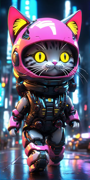 ((cat style)), dressed is a colorful neon Transparent Glow and black dress, with a sci-fi onen light helmet, in the style of cyberpunk realism,  hoodie walking on busy street, dynamic angle, depth of field, detail XL, closeup shot, finetune,ghibli,make_3d, Flexography, Ultra Wide Angle, Game Engine Rendering, Grainy, Collage, Analogous Colors, Meatcore, Infrared Lighting, Super Detailed, Photorealistic, Food Photography 