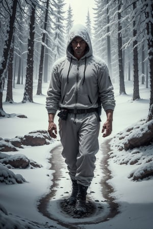 8K HDR photo), a man with a white suit and hood, walking in the snowy forest, a movie atmosphere, lights and reflections, all very detailed, realistic photo,