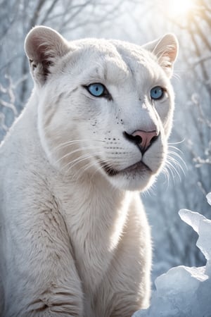 photo of a realistic white panther with detailed fur, with ice blue eyes, in a fantastic winter scene, realistic environment with sun reflections and shadows, very high quality cinematographic scenography, breathtaking scene of a great masterpiece, crazy 8k graphics, everything wonderful and detailed photorealistic, kitakoumae