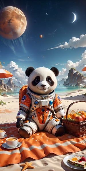 Experience the dazzling sunshine and white sand beaches of Venus. Our space panda wears an orange spacesuit and spends leisurely time on this pleasant planet. He was lying on an ethnic woven blanket with a picnic basket beside him. Open the basket to reveal delicious food. Sandwiches, 2000c.c. There is a big kettle next to the basket. --ar 3:4