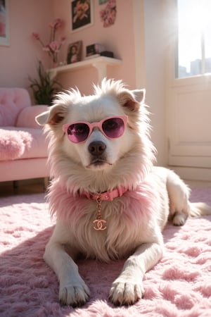 soft and hairy dog ​​lying down, Chanel designer clothing with pink accessories, fashion glasses, well-decorated colorful apartment, realistic environment with sun reflections and shadows, very high quality cinematographic scenography, breathtaking scene of a great masterpiece, crazy 8k graphics, everything wonderful and detailed photorealistic, kitakoumae