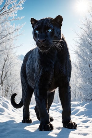 photo full body of a realistic black panther with detailed fur, with ice blue eyes, in a fantastic winter scene, realistic environment with sun reflections and shadows, very high quality cinematographic scenography, breathtaking scene of a great masterpiece, crazy 8k graphics, everything wonderful and detailed photorealistic, kitakoumae