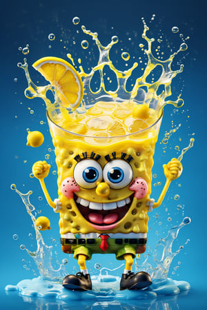 a visually stunning advertisement featuring a cute Spongebob, and is the charismatic spokesperson for a yellow lemon drink. It uses photo manipulation techniques to seamlessly blend the essence of lemon juice with the drink's bright lemony hues. Includes amazing details like splashes of lemon juice and water and succulent lemon fruit slices to make the image very eye-catching and irresistible, with ice