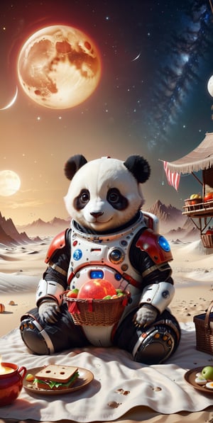 Experience the dazzling sunshine and white sand beaches of Venus. Our space panda wears an red light spacesuit and spends leisurely time on this pleasant planet. He was lying on an ethnic woven blanket with a picnic basket beside him. Open the basket to reveal delicious food. Sandwiches, 2000c.c. There is a big kettle next to the basket. --ar 3:4