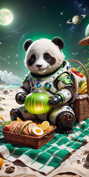 Experience the dazzling sunshine and white sand beaches of Venus. Our space panda wears an green light spacesuit and spends leisurely time on this pleasant planet. He was lying on an ethnic woven blanket with a picnic basket beside him. Open the basket to reveal delicious food. Sandwiches, 2000c.c. There is a big kettle next to the basket. --ar 3:4