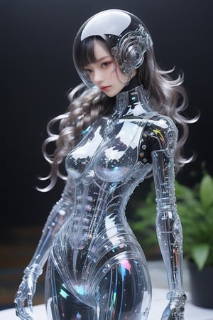 high quality, 8K Ultra HD, have a cyber saber, a mesmerizing 30-year-old woman with a futuristic beauty that seems to transcend time and space, glass trasparente elmet tech, gigantic breast, intricately woven into her very being, 9 head length body, encased in the cybernetic suit, move with fluidity and precision, Her flowing hair resembles streams of neon lights, casting a vibrant glow that adds a touch of cyberpunk brilliance to her appearance, (subsurface scatter, transparent, translucent skin, glow, blood neurons in bioluminescent full body suit: 1.5,),  Each strand of hair is meticulously crafted with holographic patterns that shimmer and shift, creating an ever-changing display of colors, destroy cyber bunk world backgrounds,by yukisakura, highly detailed, ,Glass Elements,(Transperent Parts),cleavage cutout,(shiny oil skin:1.1),curved body,dynamic sexy pose,sexy body,Clear Glass Skin,TechStreetwear,photo r3al,hdsrmr,cyborg style,cyborg,SteelHeartQuiron character,inst4 style,Wonder of Beauty,Slender body