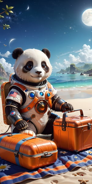 Experience the dazzling sunshine and white sand beaches of Venus. Our space panda wears an orange spacesuit and spends leisurely time on this pleasant planet. He was lying on an ethnic woven blanket with a picnic basket beside him. Open the basket to reveal delicious food. Sandwiches, 2000c.c. There is a big kettle next to the basket. --ar 3:4