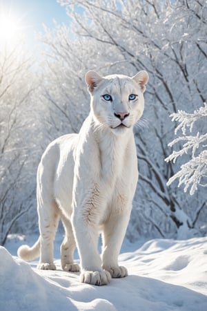 photo full body of a realistic white panther with detailed fur, with ice blue eyes, in a fantastic winter scene, realistic environment with sun reflections and shadows, very high quality cinematographic scenography, breathtaking scene of a great masterpiece, crazy 8k graphics, everything wonderful and detailed photorealistic, kitakoumae