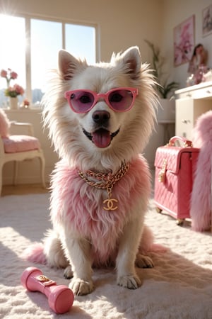 soft and hairy dog, dressed in Chanel with pink accessories, fashion glasses, well-decorated colorful apartment, realistic environment with sun reflections and shadows, very high quality cinematographic scenography, breathtaking scene of a great masterpiece, crazy 8k graphics, everything wonderful and photorealistic detailed , kitakoumae