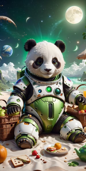 Experience the dazzling sunshine and white sand beaches of Venus. Our space panda wears an green light spacesuit and spends leisurely time on this pleasant planet. He was lying on an ethnic woven blanket with a picnic basket beside him. Open the basket to reveal delicious food. Sandwiches, 2000c.c. There is a big kettle next to the basket. --ar 3:4