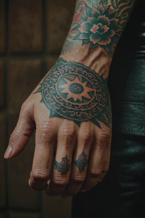 masterpiece, excellent quality, 8k, realistic and detailed hand, with tattoos, boss style, photorealistic, highly detailed, photo blurry, intricate, incredibly detailed, super detailed, gangster texture, detailed, crazy, soft lighting and shadows
