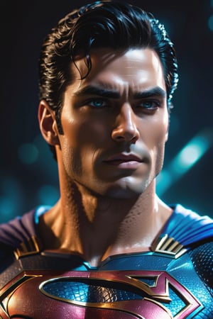 The Dark superman with black Evil Light eyes and lighting Blue thunder Dc , scary, Classic Academia, Flexography, ultra wide-angle, Game engine rendering, Grainy, Collage, analogous colors, Meatcore, infrared lighting, Super detailed, photorealistic, food photography, Cycles render, 4k,  laugh, Leonardo style ,cinematic  moviemaker style, armed 