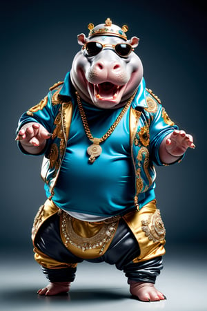 photorealistic portrait of Dressed animals - a fat baby hippo hip hop dancer,(hip hop dancing dynamic action pose), high quality,(lovely) ,intricate details, highly detailed ((hip hop fashion)) ,highly detailed decorations, wearing sunglasses, (happy), studio lighting,(full body image:1.5)