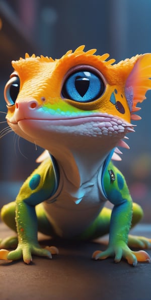 (best quality,8K,highres,masterpiece), ultra-detailed, (character design, creature design, concept art), cute gecko with big eyes and chameleon-skin, featuring adorable cat paws. The whimsical combination of features results in a charming and imaginative portrayal of this fantastical creature.,cyberpunk style
