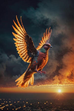 masterpiece, excellent quality, 8k, create an image of a fiery dove, flying in the sky at night, photorealistic apocalyptic sky, highly detailed, blurry photo, intricate, incredibly detailed, super detailed, textured, detailed, crazy, lights and shadows soft,