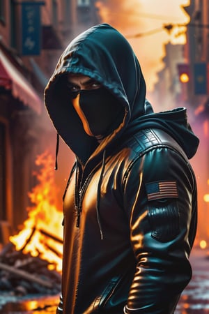 masterpiece, best quality, 8k, photo of a hooded man, fiery background, obscured face, detailed photorealistic, highly detailed, blurry photo, intricate, incredibly detailed, super detailed, detailed texture, crazy detail, clothing, in an apocalyptic city of fire