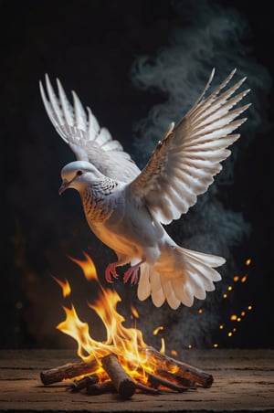 masterpiece, excellent quality, 8k, create an artistic artwork image of a dove catching fire, representing war and peace, photorealistic, highly detailed, blurry photo, intricate, incredibly detailed, super detailed, textured, detailed, crazy, soft lights and shadows,