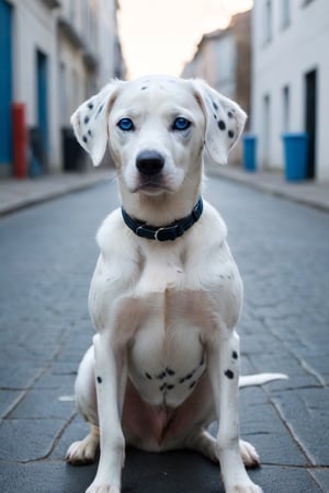 a white dalmatian with blue eyes, street background