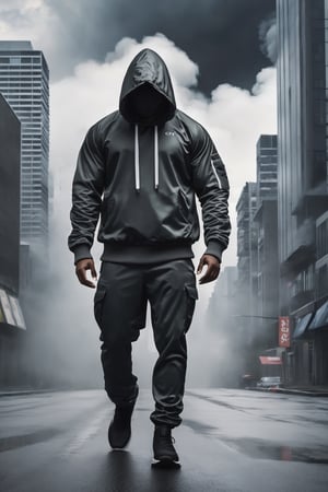 armed man, sports suit with hood, obscured face, stormy sky, city, photorealistic, thriller theme, smoke, high resolution photo, 4k, full detailed, Portrait, realistic, chloting white