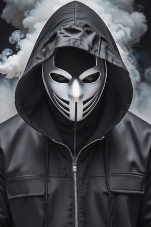 man dressed in black with a hood, among many men dressed in white with hoods, all with masked faces   photorealistic, thriller theme, smoke, high resolution photo, 4k, full detailed, Portrait, realistic, chloting white