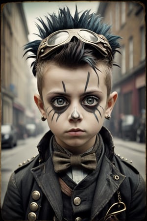 19th century punk, cinematic, vintage, daguerreotype photo, mixed media collage, double exposure, emotionally expressive Oliver Twist as Victorian era punk rocker street urchin, big pleading eyes, Tim Burton, Mark Ryden, Mohawk hairdo, eyeliner, London streets background, tattered punk clothing, metal studs.