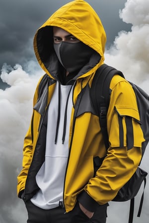 man with hood, mixed pose, modern clothes, modern suit, face obscured or with mask, with accessories, backpack,, stormy sky, photorealistic, thriller theme, smoke, high resolution photo, 4k, full detailed, Portrait, realistic, chloting colorfull