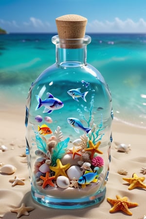 ultra detailed translucent transparent glass bottle, with neon fish inside, bottle effect bathed in the sea on the shore of an exotic beach, ultra realistic and detailed sand with shells and starfish, neon glow, light particles, colourful, CMYK colours, backlight, results for a cinematographic advertisement, work of realistic beauty with plays of light, shadows and sun reflections, to make the work a true 8k ultra hdr masterpiece,