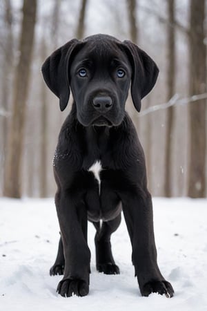 A black Great Dane puppy in winter. 