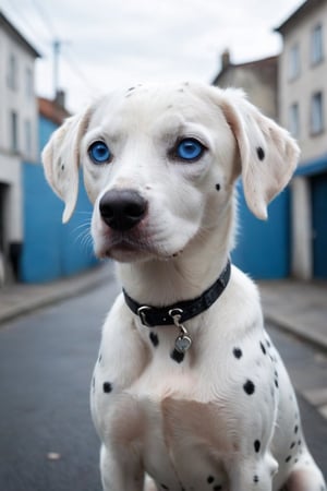 a white dalmatian with blue eyes, street background