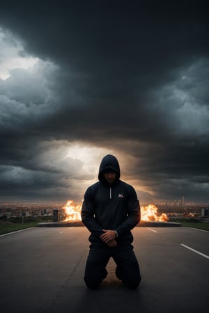 man kneeling, sports suit with hood, obscured face, stormy sky, city, photorealistic, thriller theme, smoke, high resolution photo, 4k, full detailed