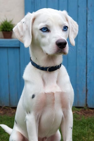 a white dalmatian with blue eyes, house background