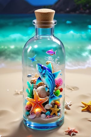 ultra detailed translucent clear glass bottle, with neon fish inside, on an exotic beach, ultra realistic and detailed sand and sea, with shells and starfish, neon glow, light particles, colorful, CMYK colors, backlight, results for a cinematographic advertisement, a work of realistic beauty with plays of light, shadows and sun reflections, to make the work a true 8k ultra hdr masterpiece,