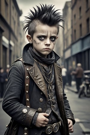 19th century punk, cinematic, vintage, daguerreotype photo, mixed media collage, double exposure, emotionally expressive Oliver Twist as Victorian era punk rocker street urchin, big pleading eyes, Tim Burton, Mark Ryden, Mohawk hairdo, eyeliner, London streets background, tattered punk clothing, metal studs.