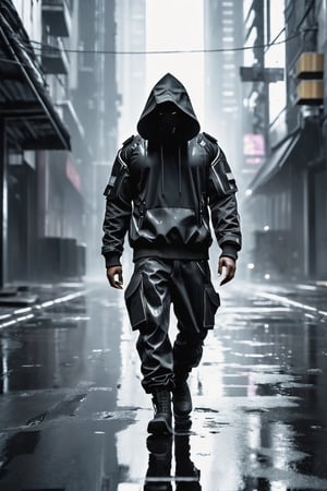 hooded man with obscured face in cyberpunk suit walking in an apocalyptic city, with gas and smoke leaks, stormy sky rain and wet streets with reflections in puddles of water, realistic shadows, all very detailed, high resolution, 4k, photo realistic with reflections and points of light, matrix style, chloting black and White 