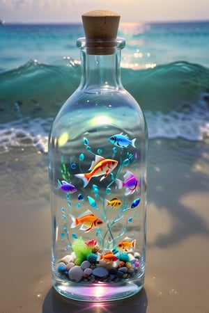 ultra detailed translucent transparent glass bottle in modern shape, with neon fish inside the bottle, washed by the sea on the shore of an exotic beach, neon glow, light particles, colourful, CMYK colours, backlight, results for a cinema advertisement, work of realistic beauty with plays of light, shadows and sun reflections, to make the work a true 8k ultra hdr masterpiece,