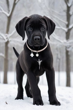 A black Great Dane puppy in winter. 