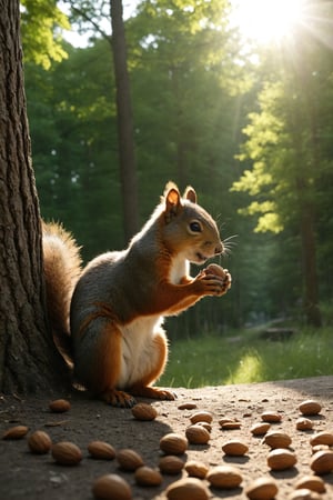 natural scenery, the squirrel eats nuts, realistic environment with sun reflections and shadows, very high quality cinematographic scenography, breathtaking scene of a great masterpiece, crazy 8k graphics, everything wonderful and detailed photorealistic, kitakoumae