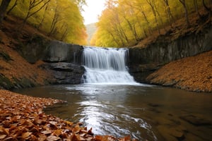 at the end of a waterfall there is a flowing river, reflected in the autumn colors fallen leaves carried by the beauty of the flowing river, realistic environment with lights and shadows, very high quality cinematographic scenography, breathtaking scene of a great masterpiece, crazy 8k graphics , all wonderful and photorealistic detailed, kitakoumae