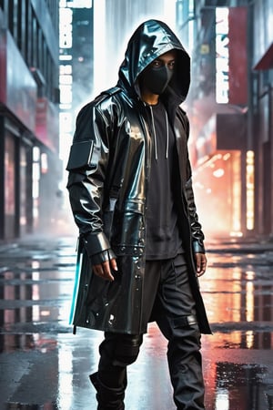 hooded man with obscured face, chloting White, cyberpunk suit of the future, walking in an apocalyptic city, with gas and smoke leaks, reddish and cloudy sky with flares, bad day with wind and rain, wet streets with reflections in puddles of water, realistic shadows, all very detailed, high resolution, 4k, realistic photo with reflections and points of light, matrix style, clots of  white, dress in high definition paying attention to details with reflections and shadows