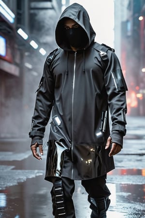 hooded man with obscured face, chloting White, cyberpunk suit of the future, walking in an apocalyptic city, with gas and smoke leaks, reddish and cloudy sky with flares, bad day with wind and rain, wet streets with reflections in puddles of water, realistic shadows, all very detailed, high resolution, 4k, realistic photo with reflections and points of light, matrix style, clots of  white, dress in high definition paying attention to details with reflections and shadows