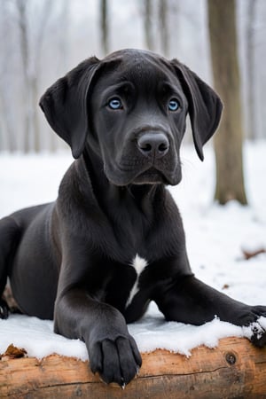 A black Great Dane puppy in winter. 