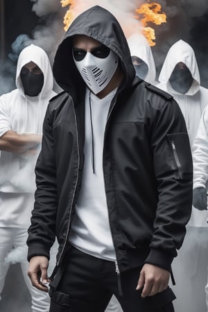 man dressed in black with a hood, among many men dressed in white with hoods, all with masked faces, photorealistic, thriller theme, smoke, high resolution photo, 4k, full detailed, Portrait, realistic, chloting white