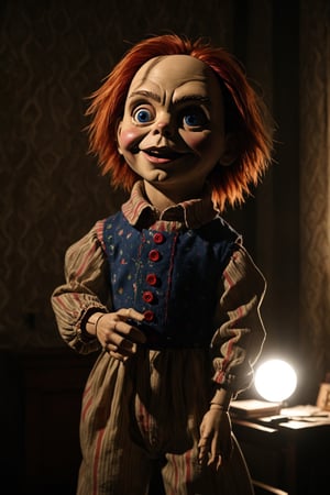 realistic puppet from the film Child's Play, in the baroque style horror bedroom, realistic environment with solar reflections and shadows, very high quality cinematographic scenography, breathtaking scene of a great masterpiece, crazy 8k graphics, everything wonderful and photorealistic detailed, kitakoumae