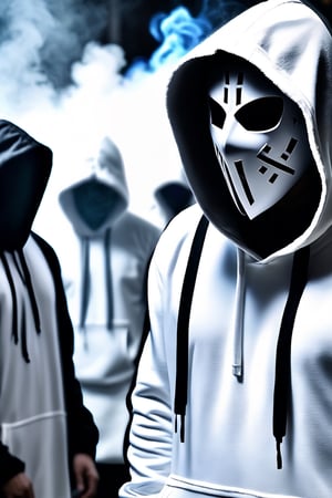 man dressed in black with a hood, among many men dressed in white with hoods, all with masked faces, photorealistic, thriller theme, smoke, high resolution photo, 4k, full detailed, Portrait, realistic, chloting white