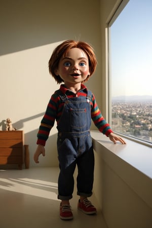 realistic puppet from the film Child's Play, in the Dolce & Gabbana modern style house, modern Scavolini furniture from the year 2030, realistic environment with solar reflections and shadows, very high quality cinematographic scenography, breathtaking scene of a great masterpiece, crazy 8k graphics, everything wonderful and detailed photorealistic, kitakoumae