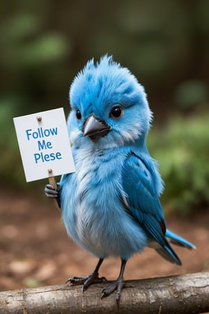 a furry, cute and soft mupped Blue bird holding a sign that says "follow me plese"