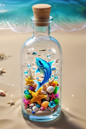 ultra detailed translucent clear glass bottle, with neon fish inside, on an exotic beach, ultra realistic and detailed sand and sea, with shells and starfish, neon glow, light particles, colorful, CMYK colors, backlight, results for a cinematographic advertisement, a work of realistic beauty with plays of light, shadows and sun reflections, to make the work a true 8k ultra hdr masterpiece,