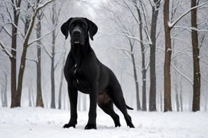 A black Great Dane  in winter. 