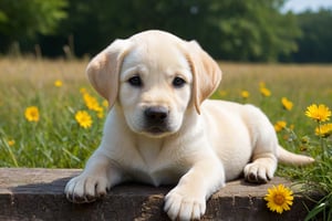 labrador retriever puppy lying on a beautiful summer day